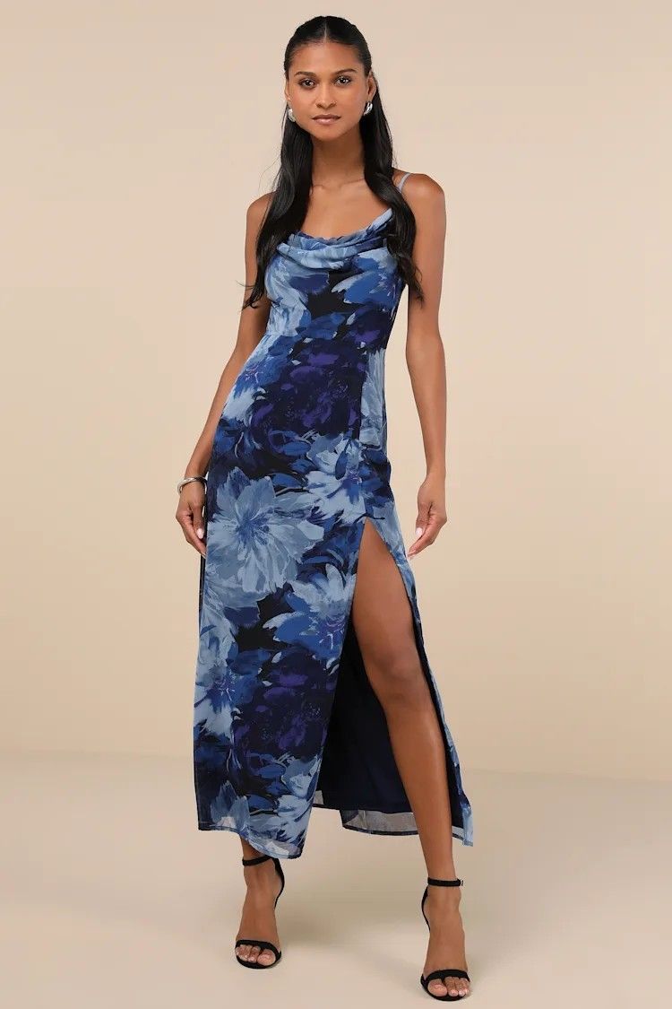 Lulus Flowery Passion Dark Blue Floral Print Cowl Neck Midi Dress Medium